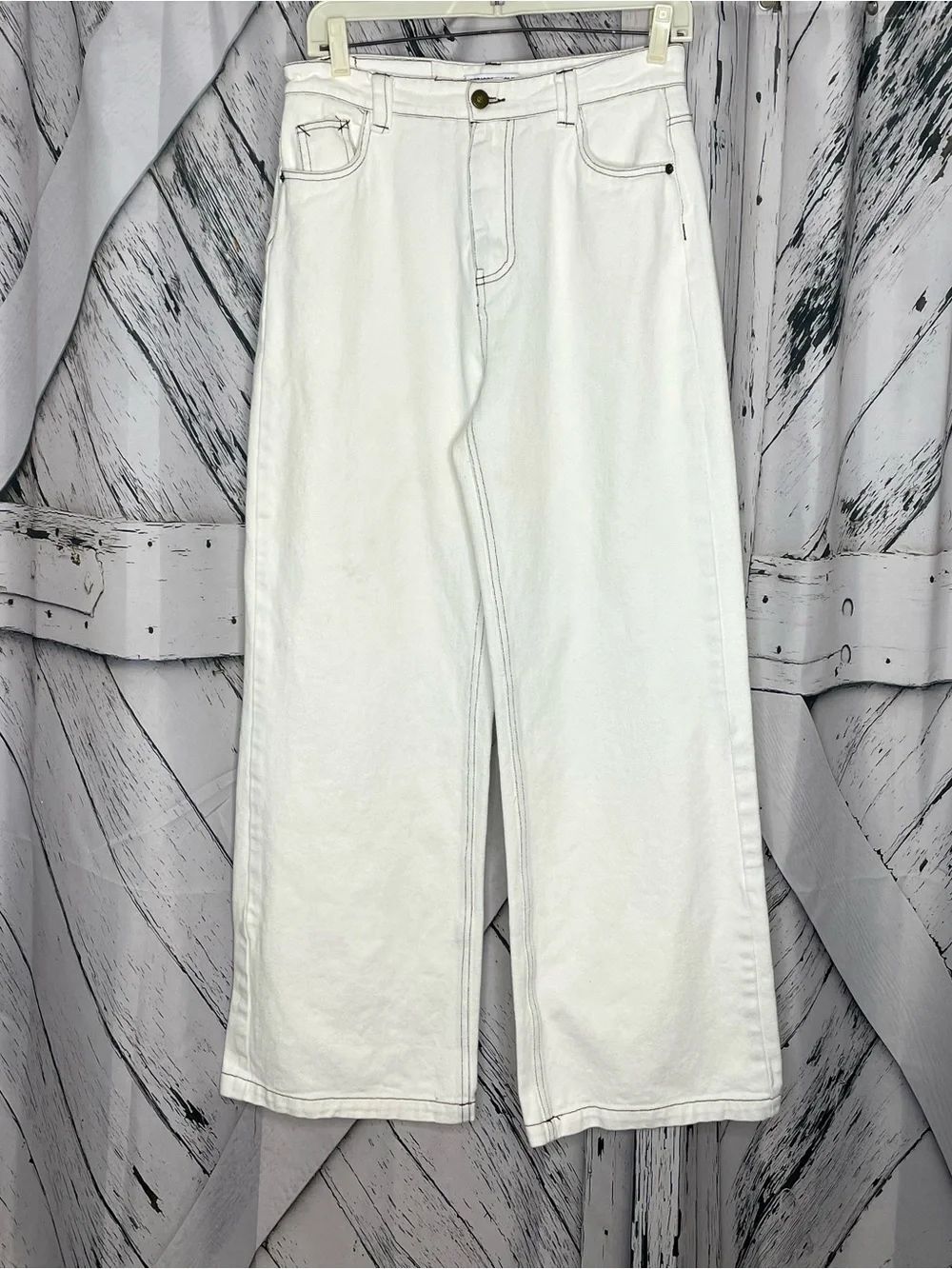 Princess Polly DNM contrast stitch high rise baggy wide leg jeans cream Sz 6